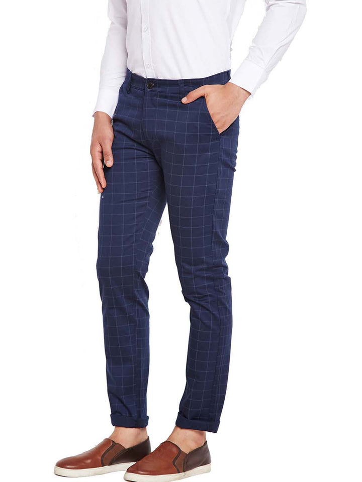 Men Navy Blue Self Design Checks Stretchable Mid Rise Slim Fit Chinos Trouser