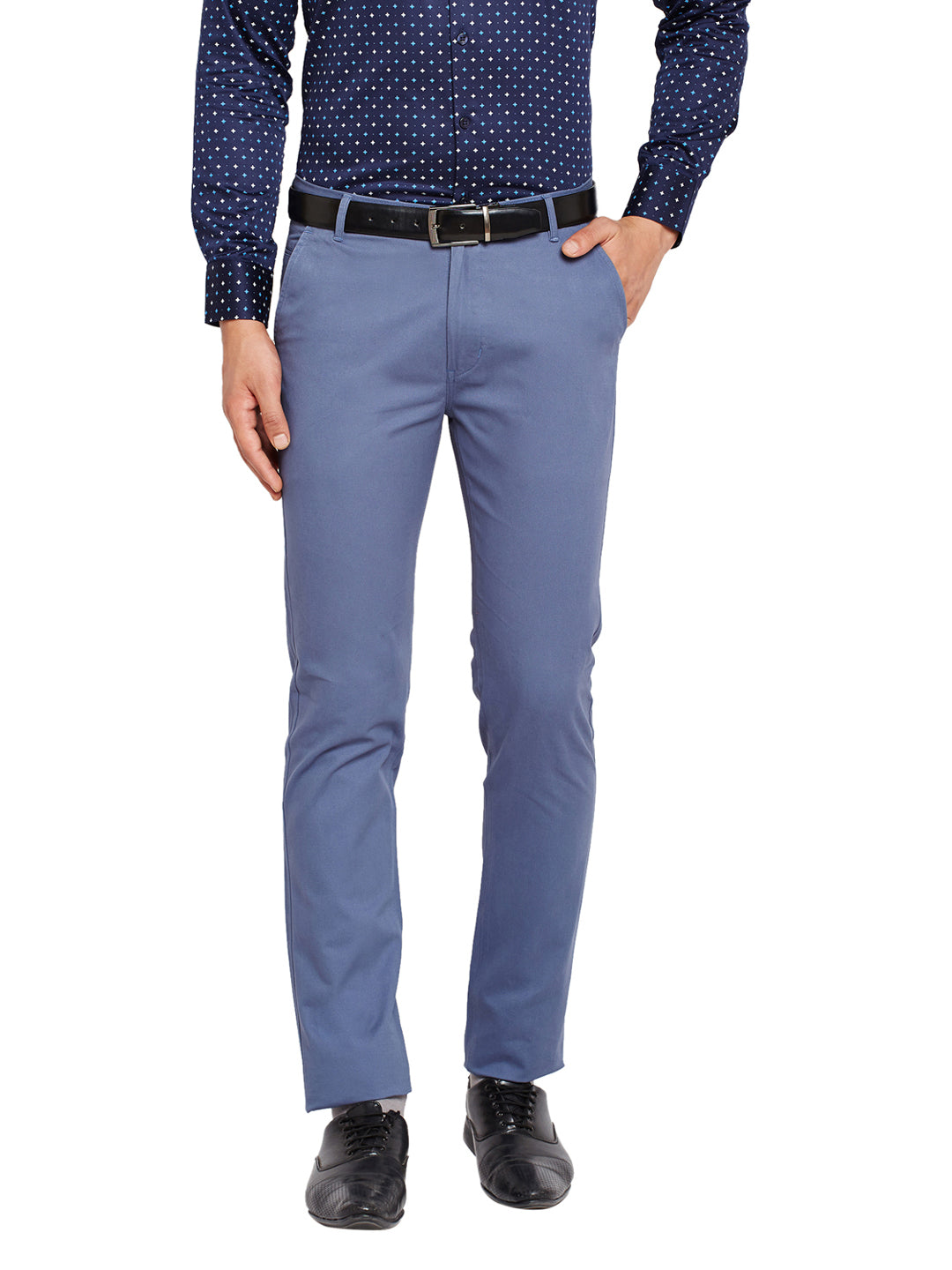 Men Blue Self Design Solid Stretchable Mid Rise Slim Fit Chinos Trouser