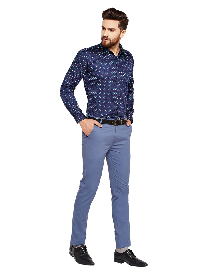 Men Blue Self Design Solid Stretchable Mid Rise Slim Fit Chinos Trouser