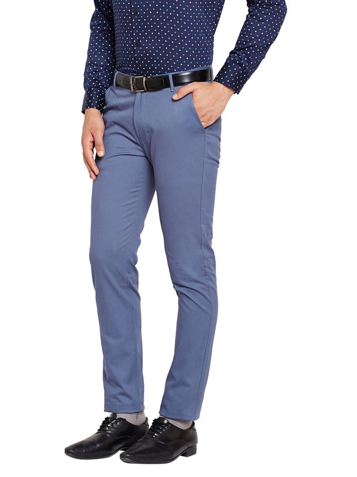 Men Blue Self Design Solid Stretchable Mid Rise Slim Fit Chinos Trouser
