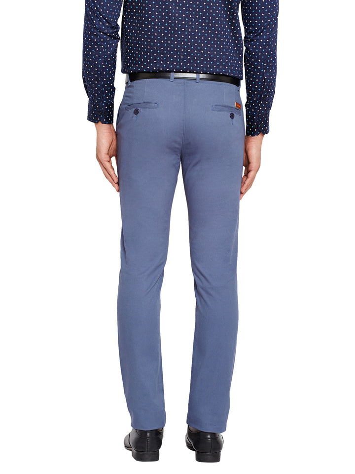Men Blue Self Design Solid Stretchable Mid Rise Slim Fit Chinos Trouser
