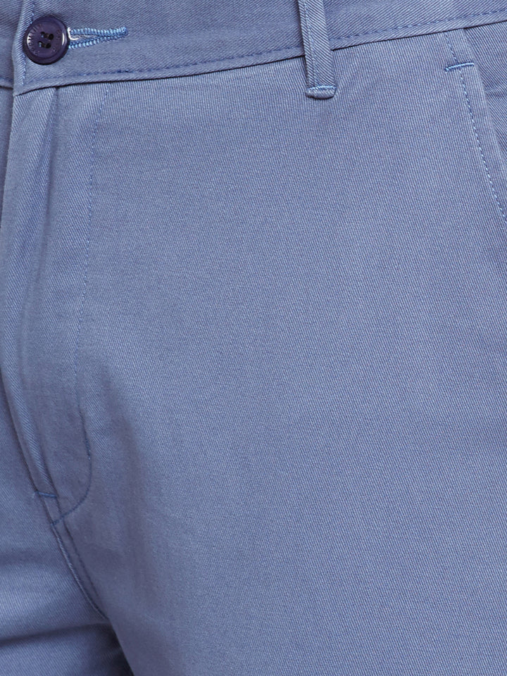 Men Blue Self Design Solid Stretchable Mid Rise Slim Fit Chinos Trouser