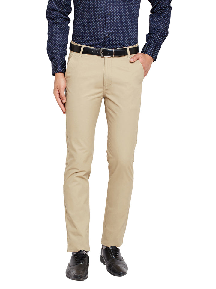 Men Beige Self Design Solid Stretchable Mid Rise Slim Fit Chinos Trouser