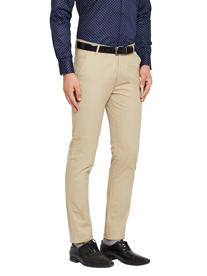 Men Beige Self Design Solid Stretchable Mid Rise Slim Fit Chinos Trouser