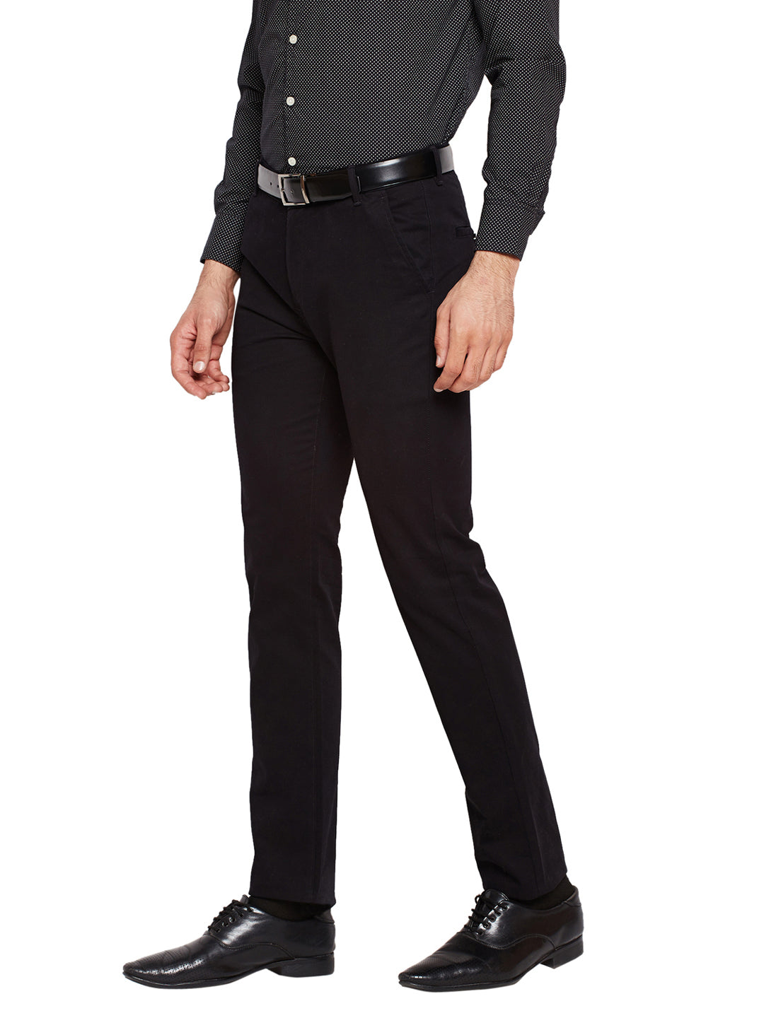Men Black Self Design Solid Stretchable Mid Rise Slim Fit Chinos Trouser
