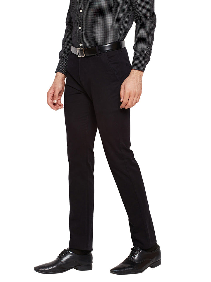 Men Black Self Design Solid Stretchable Mid Rise Slim Fit Chinos Trouser