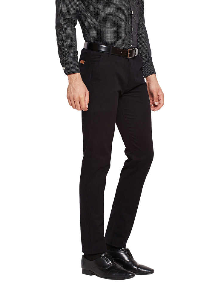 Men Black Self Design Solid Stretchable Mid Rise Slim Fit Chinos Trouser