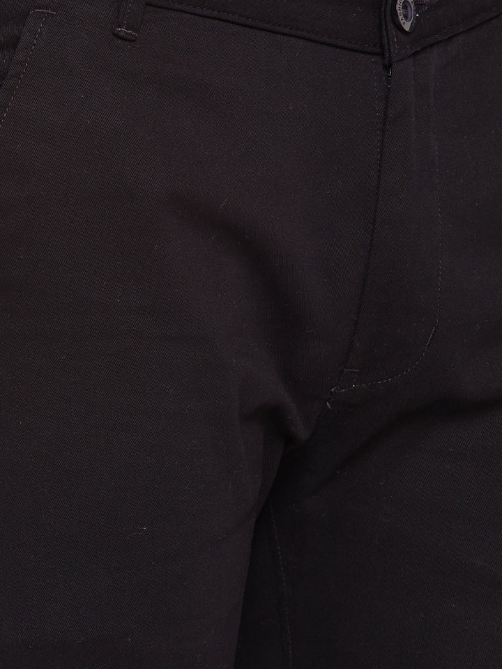 Men Black Self Design Solid Stretchable Mid Rise Slim Fit Chinos Trouser