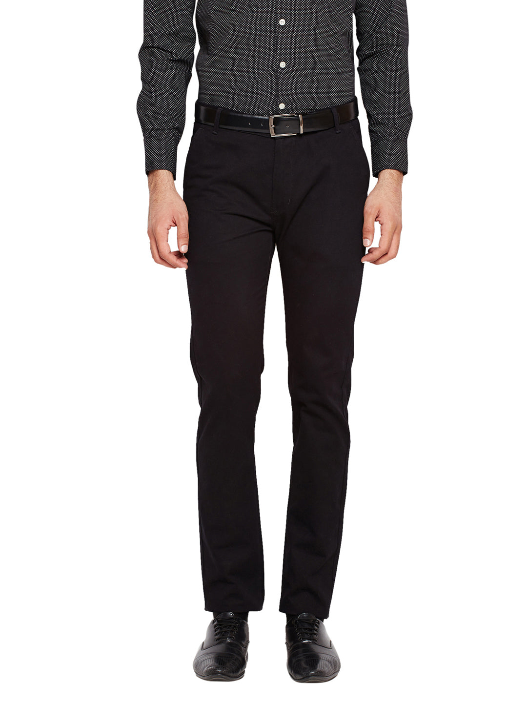 Men Black Self Design Solid Stretchable Mid Rise Slim Fit Chinos Trouser
