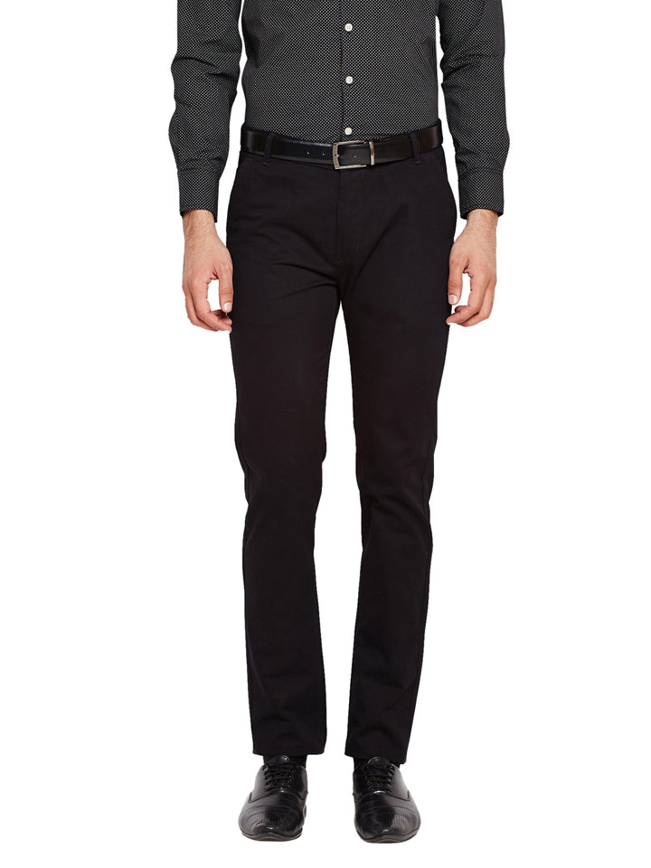 Men Black Self Design Solid Stretchable Mid Rise Slim Fit Chinos Trouser