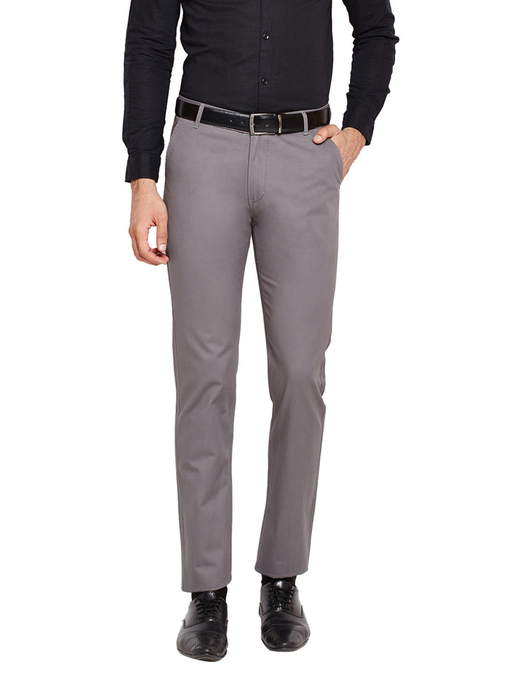 Men Grey Self Design Solid Stretchable Mid Rise Slim Fit Chinos Trouser