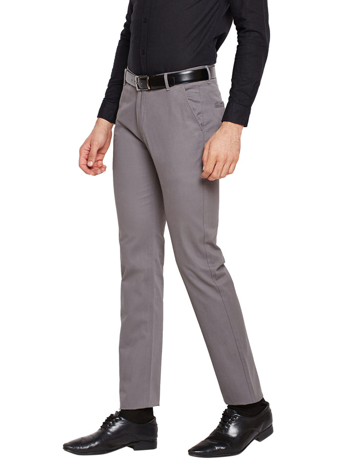 Men Grey Self Design Solid Stretchable Mid Rise Slim Fit Chinos Trouser