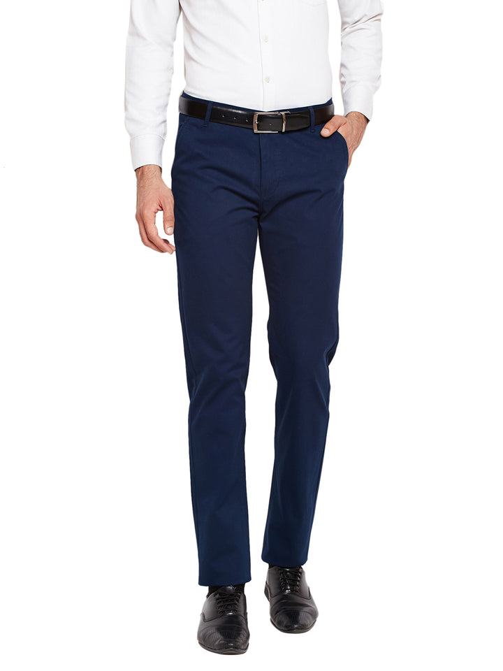 Men Navy Blue Self Design Solid Stretchable Mid Rise Slim Fit Chinos Trouser