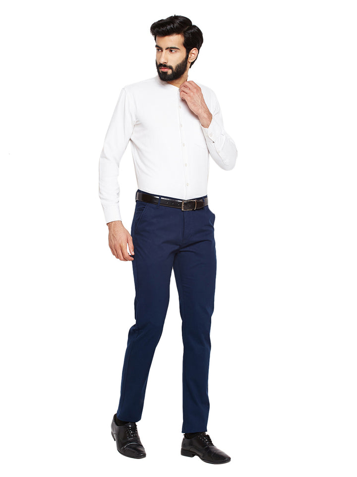 Men Navy Blue Self Design Solid Stretchable Mid Rise Slim Fit Chinos Trouser