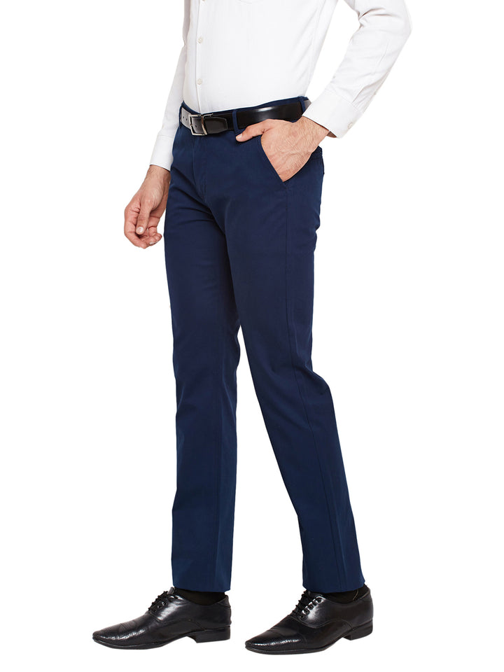 Men Navy Blue Self Design Solid Stretchable Mid Rise Slim Fit Chinos Trouser