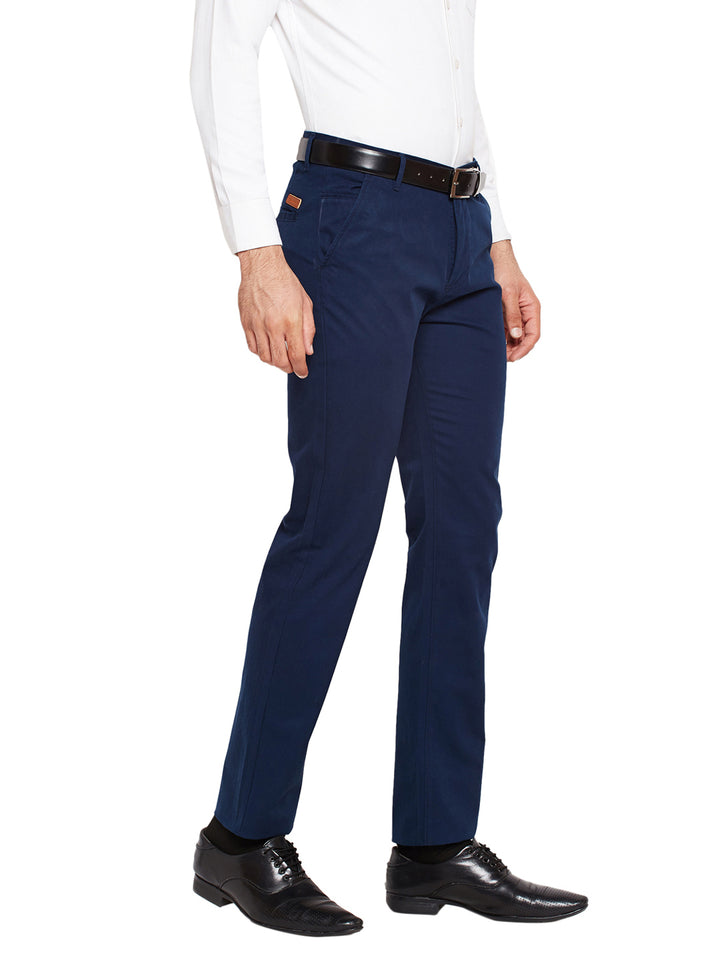 Men Navy Blue Self Design Solid Stretchable Mid Rise Slim Fit Chinos Trouser