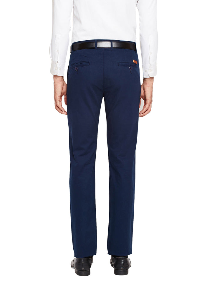 Men Navy Blue Self Design Solid Stretchable Mid Rise Slim Fit Chinos Trouser
