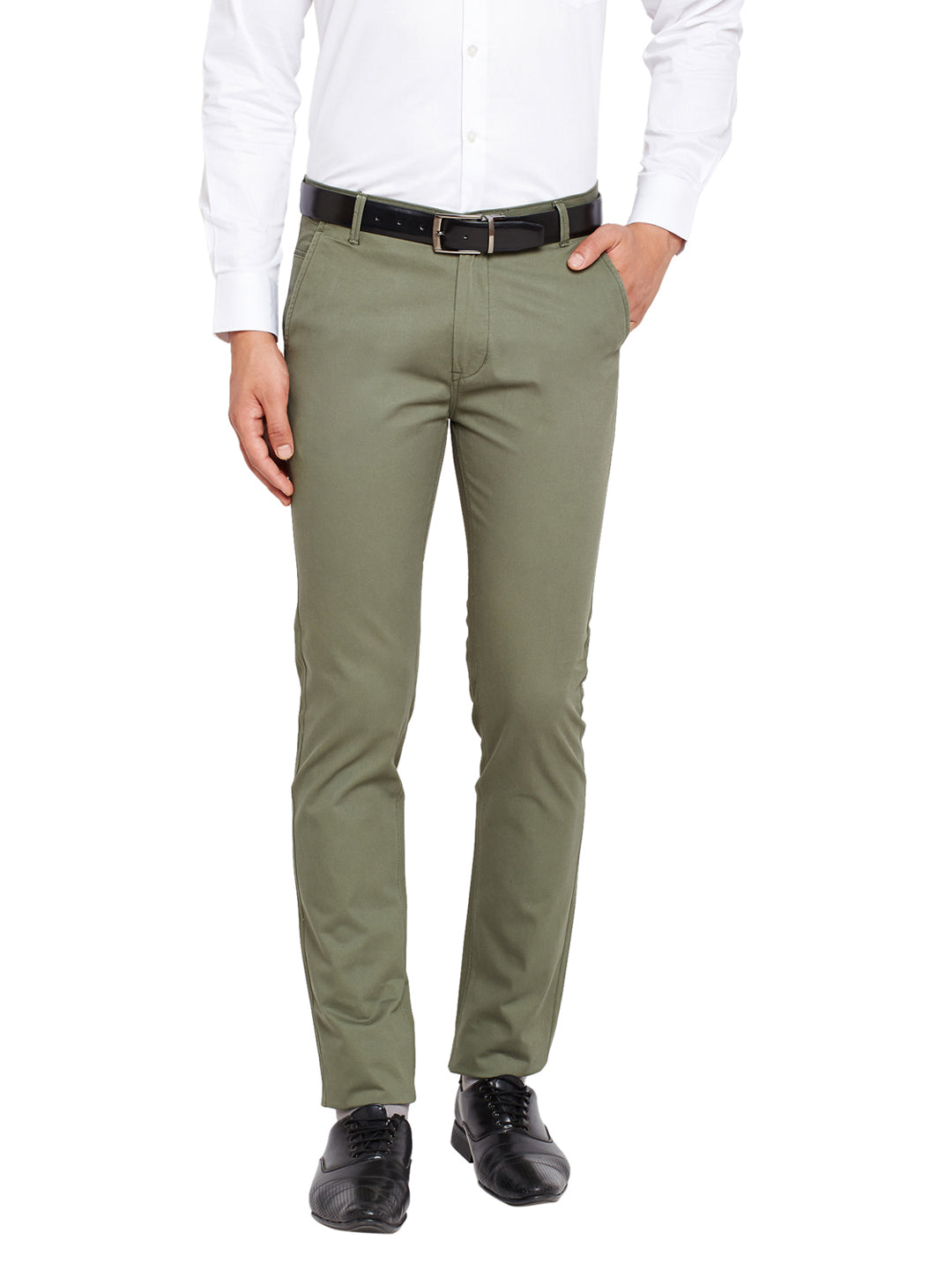 Men Olive Self Design Solid Stretchable Mid Rise Slim Fit Chinos Trouser