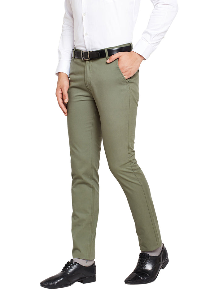 Men Olive Self Design Solid Stretchable Mid Rise Slim Fit Chinos Trouser