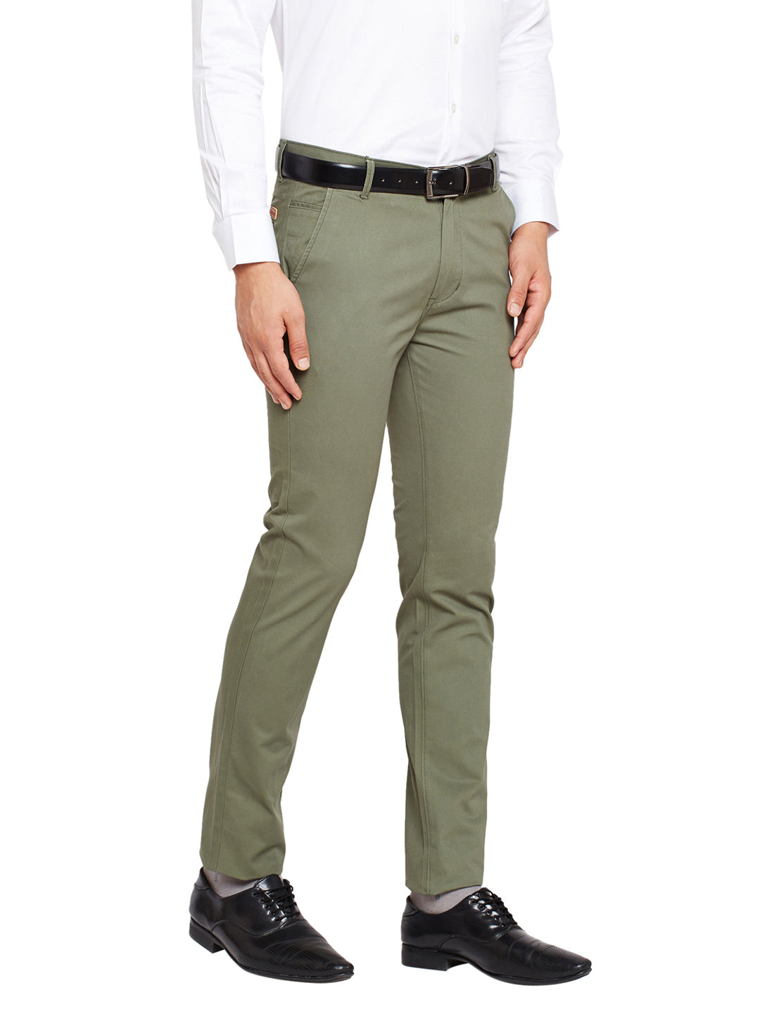 Men Olive Self Design Solid Stretchable Mid Rise Slim Fit Chinos Trouser