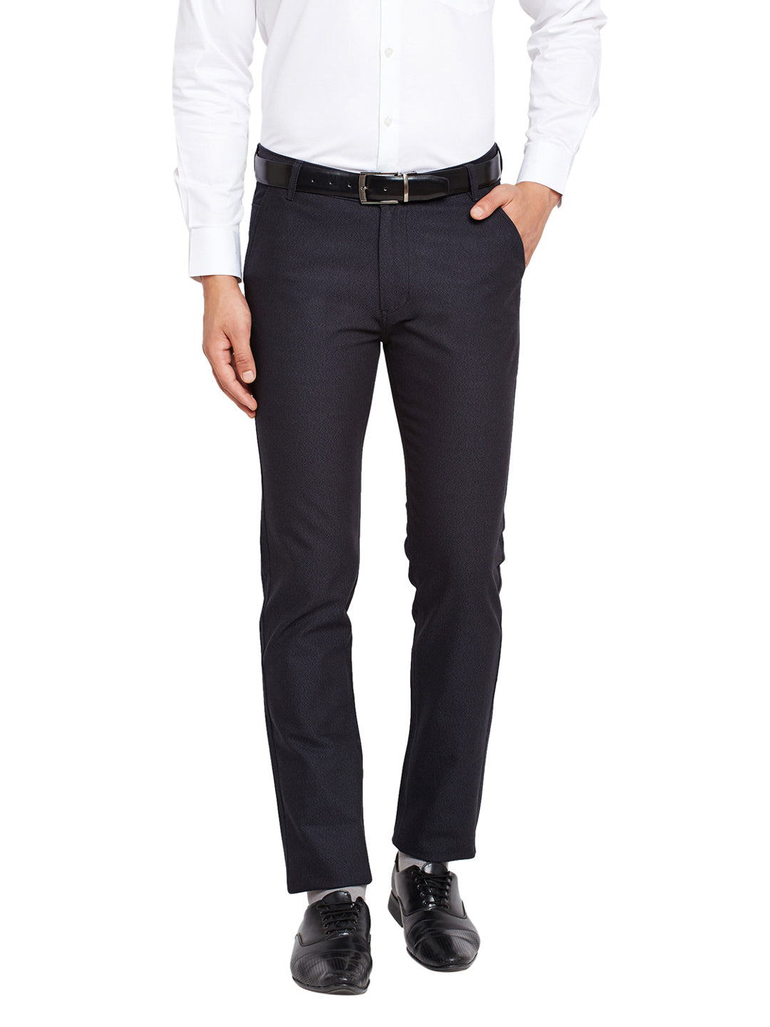 Men Navy Blue Self Design Solid Stretchable Mid Rise Slim Fit Chinos Trouser