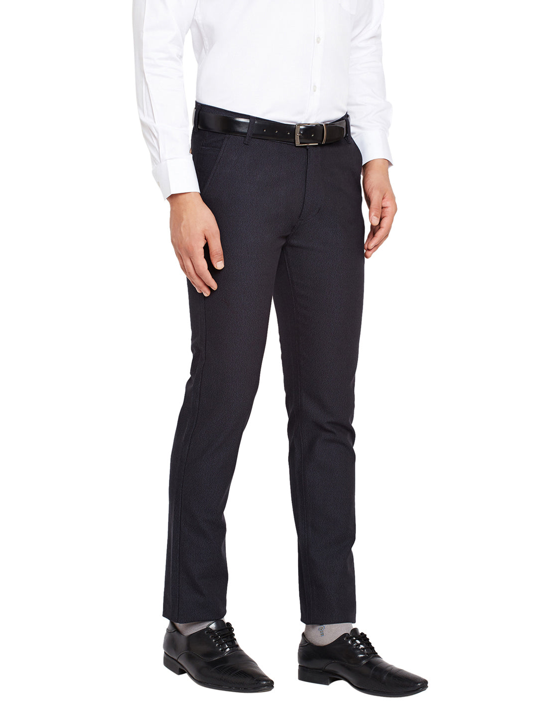 Men Navy Blue Self Design Solid Stretchable Mid Rise Slim Fit Chinos Trouser
