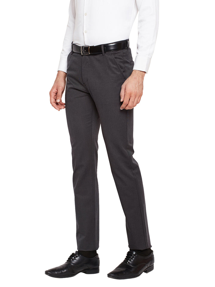 Men Grey Self Design Solid Stretchable Mid Rise Slim Fit Chinos Trouser