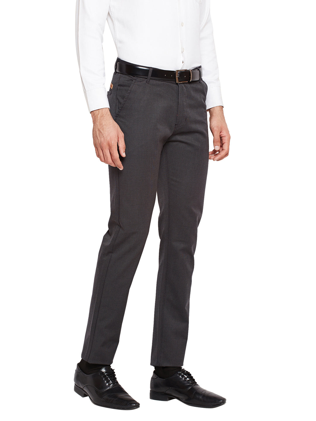 Men Grey Self Design Solid Stretchable Mid Rise Slim Fit Chinos Trouser