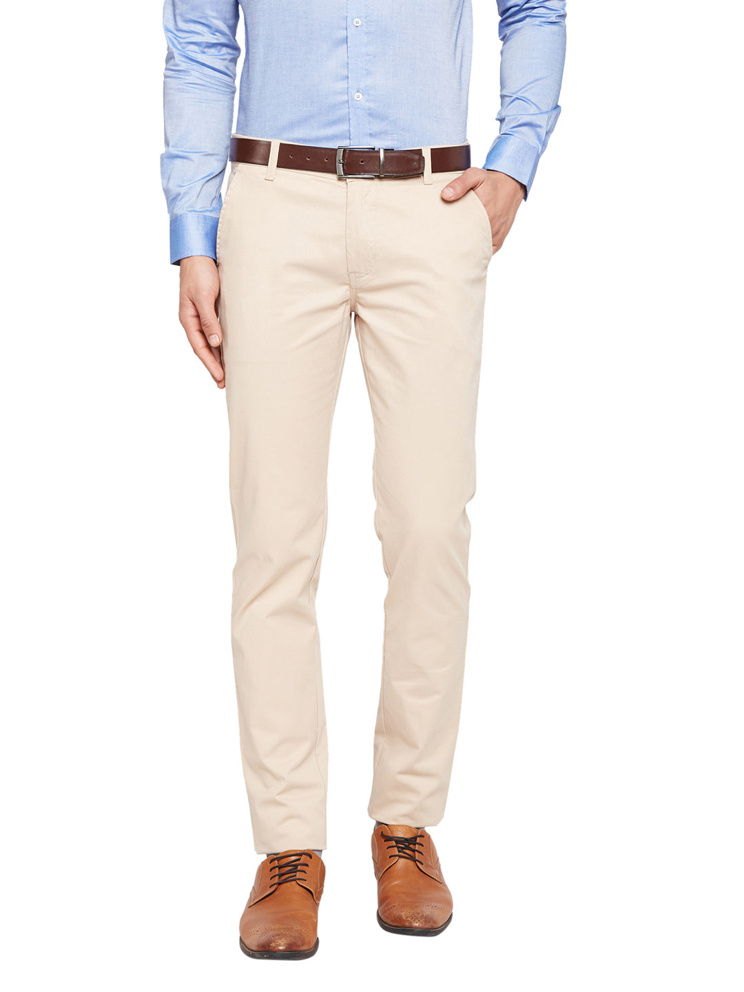 Men Beige Self Design Solid Stretchable Mid Rise Slim Fit Chinos Trouser