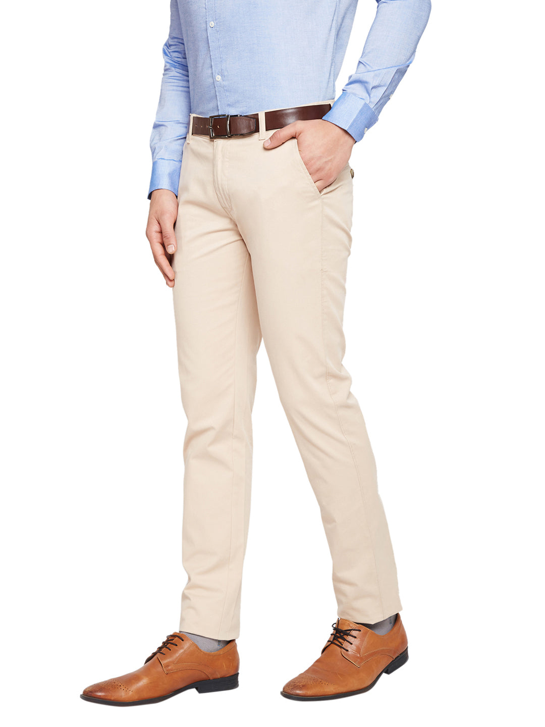 Men Beige Self Design Solid Stretchable Mid Rise Slim Fit Chinos Trouser