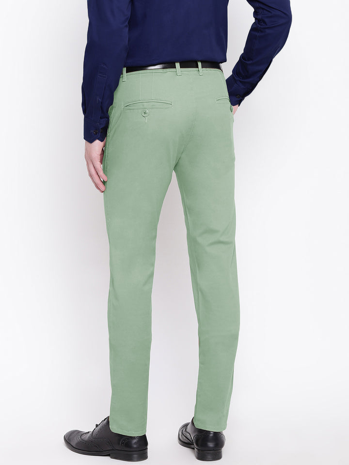 Men Green Cotton Solid Slim Fit Casual Trouser