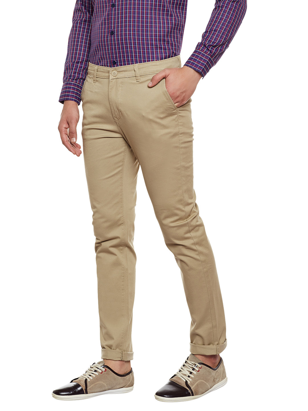 Men Khaki Self Design Solid Stretchable Mid Rise Slim Fit Chinos Trouser