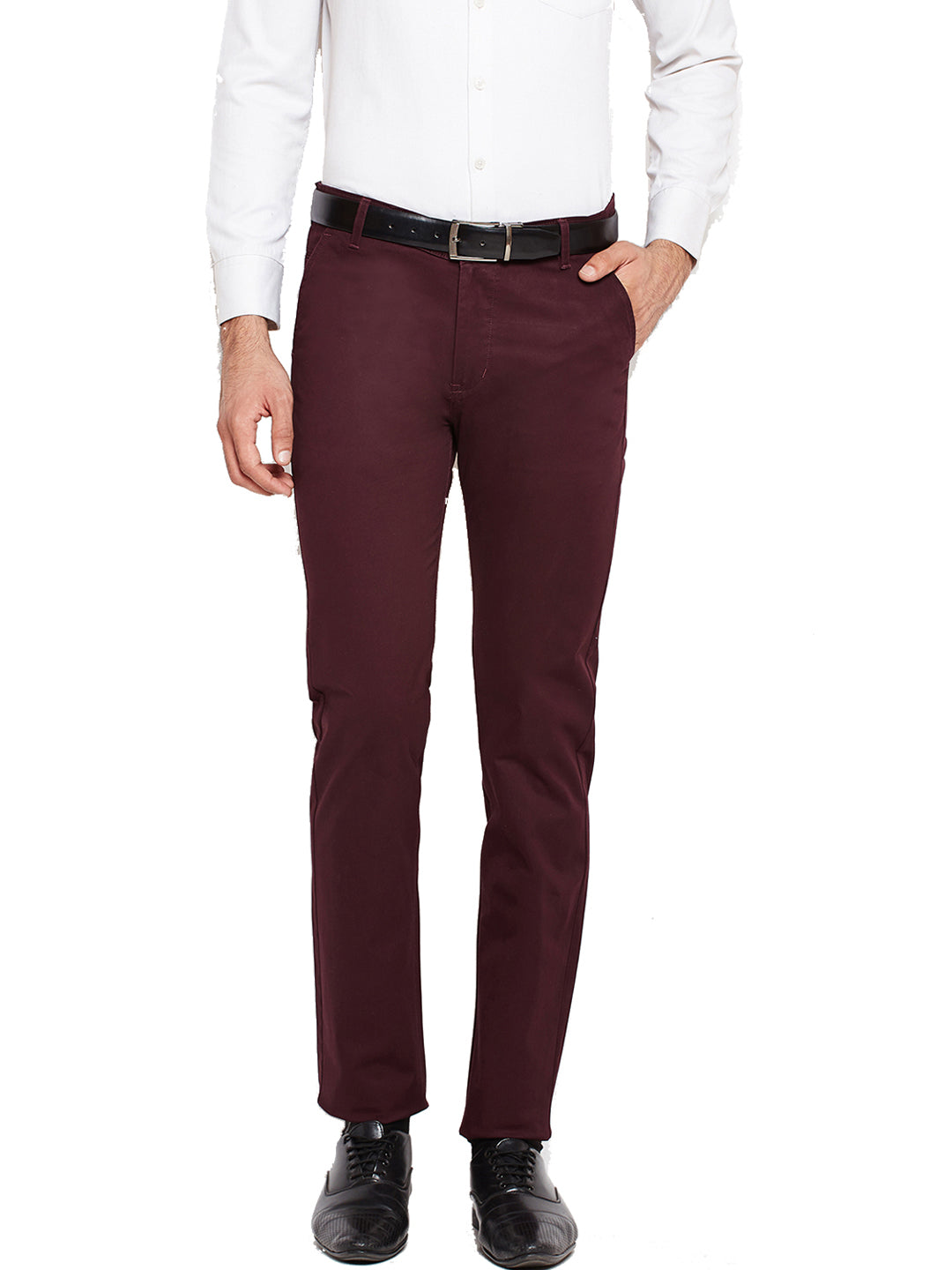 Men Maroon Self Design Solid Stretchable Mid Rise Slim Fit Chinos Trouser