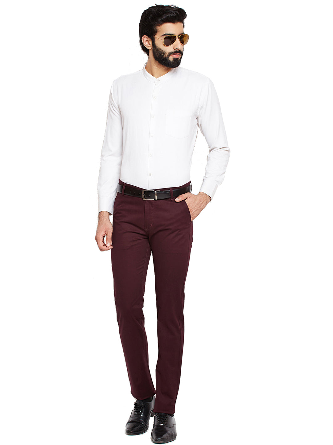 Men Maroon Self Design Solid Stretchable Mid Rise Slim Fit Chinos Trouser