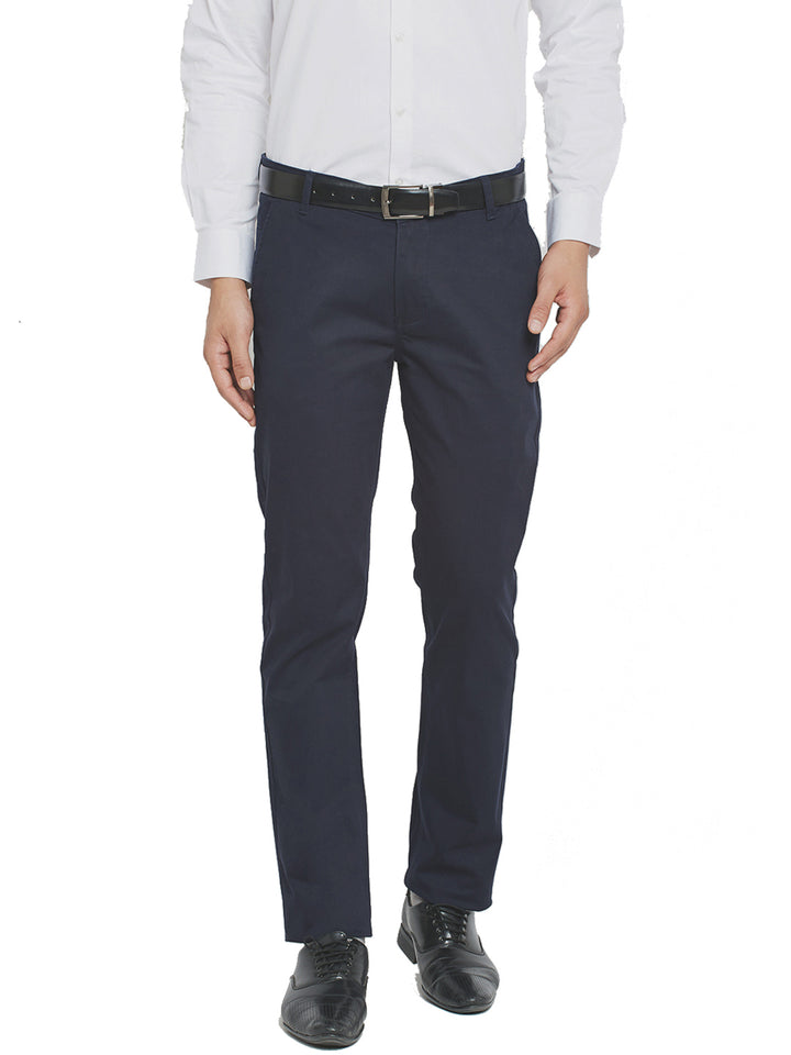 Men Mid Night Navy Blue Self Design Solid Stretchable Mid Rise Slim Fit Chinos Trouser