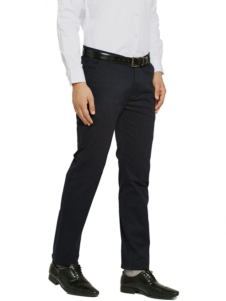 Men Mid Night Navy Blue Self Design Solid Stretchable Mid Rise Slim Fit Chinos Trouser