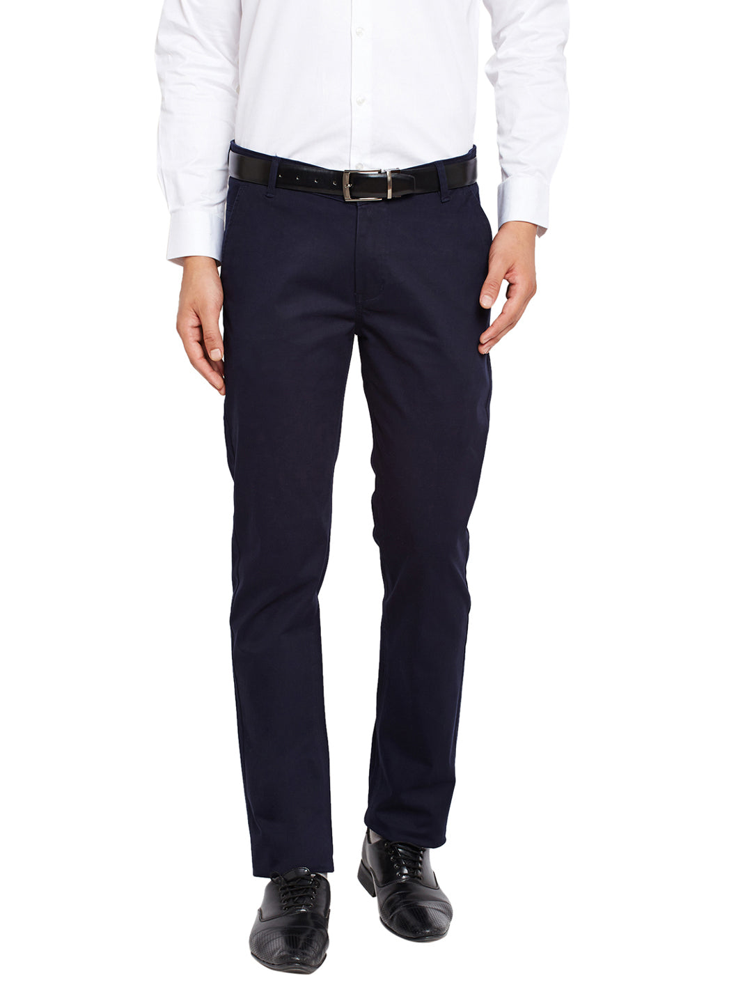 Men Navy Blue Self Design Solid Stretchable Mid Rise Slim Fit Chinos Trouser