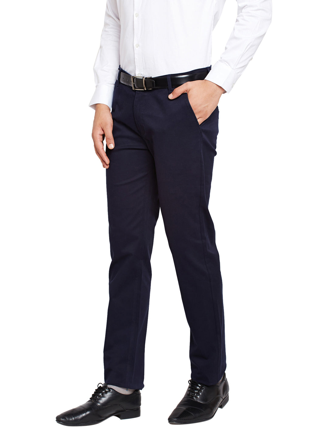 Men Navy Blue Self Design Solid Stretchable Mid Rise Slim Fit Chinos Trouser