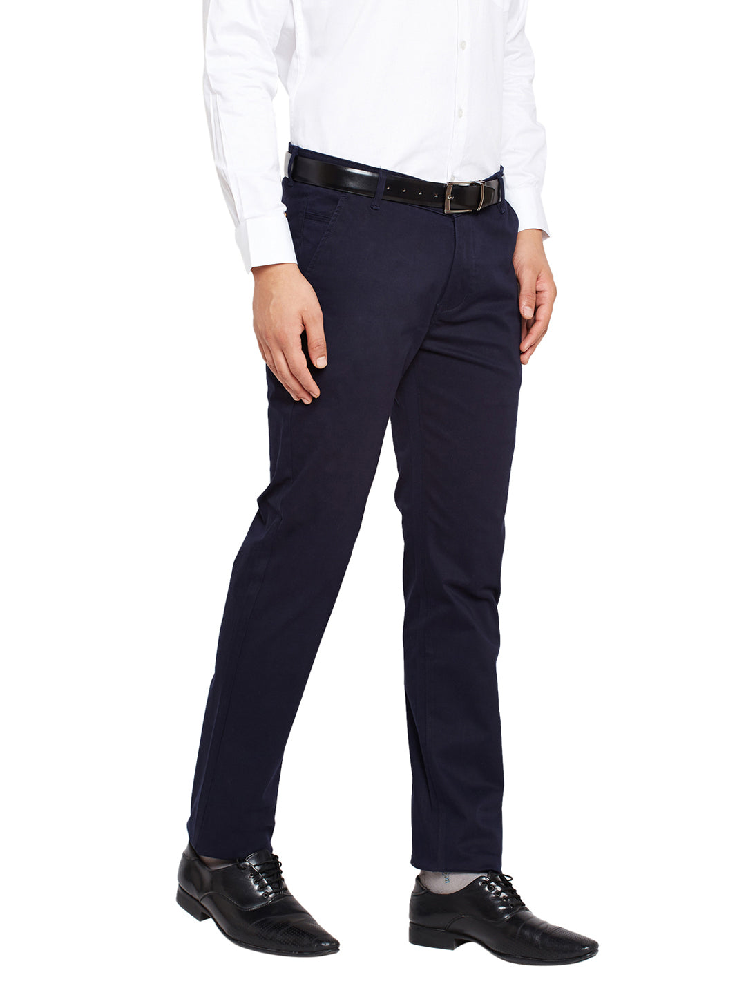 Men Navy Blue Self Design Solid Stretchable Mid Rise Slim Fit Chinos Trouser