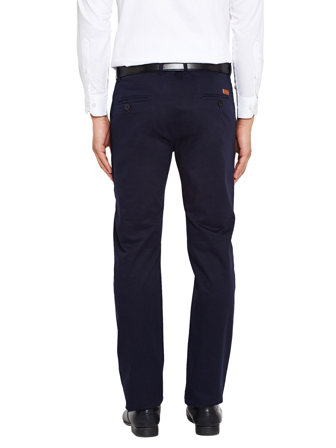 Men Navy Blue Self Design Solid Stretchable Mid Rise Slim Fit Chinos Trouser