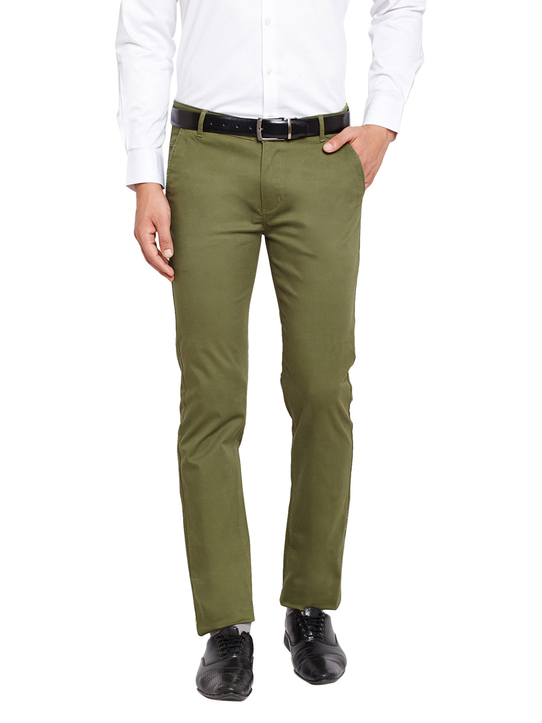 Men Olive Blue Self Design Solid Stretchable Mid Rise Slim Fit Chinos Trouser