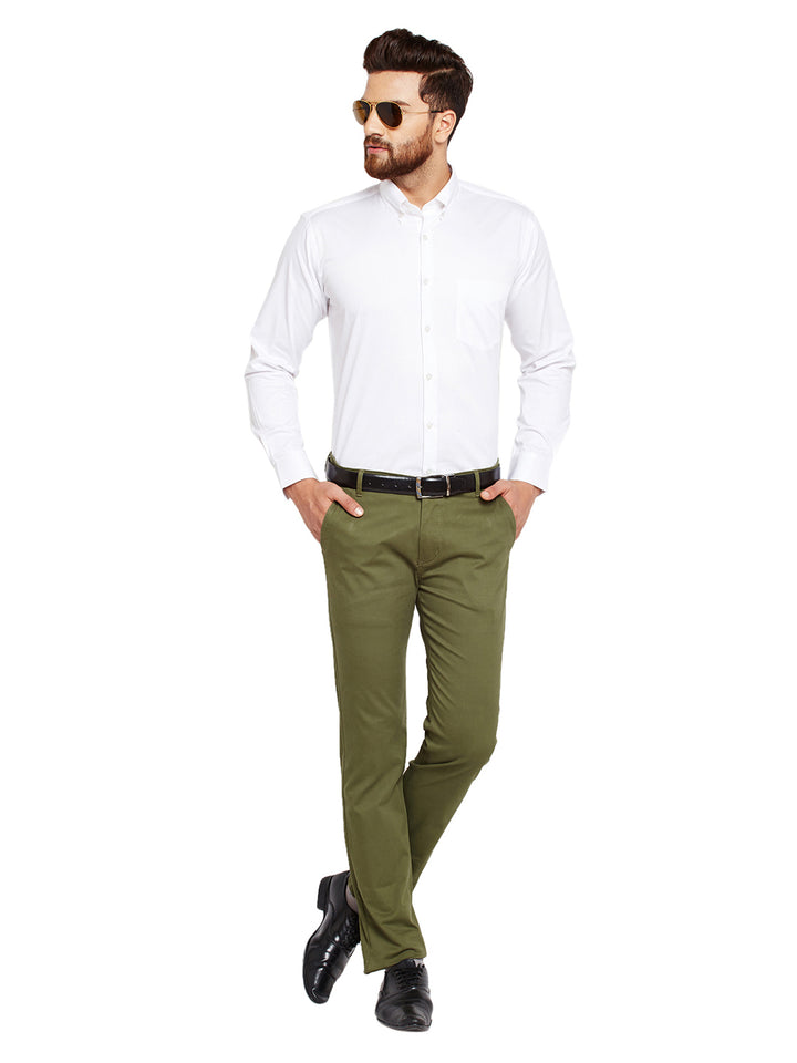 Men Olive Blue Self Design Solid Stretchable Mid Rise Slim Fit Chinos Trouser