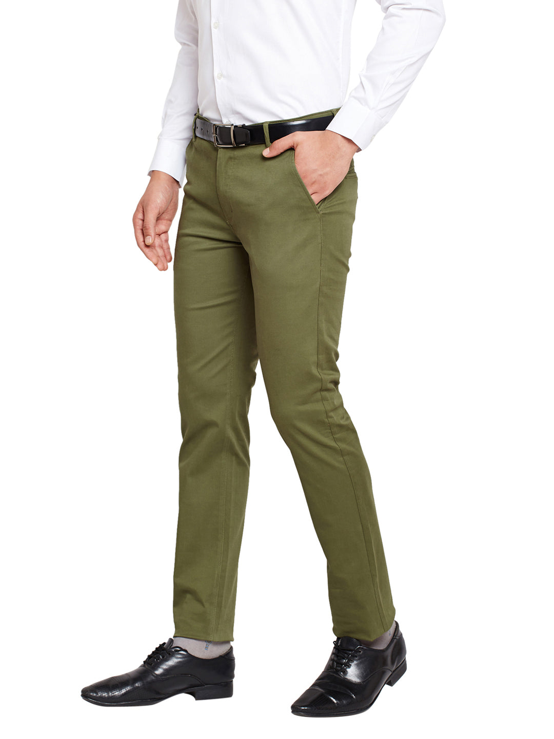 Men Olive Blue Self Design Solid Stretchable Mid Rise Slim Fit Chinos Trouser