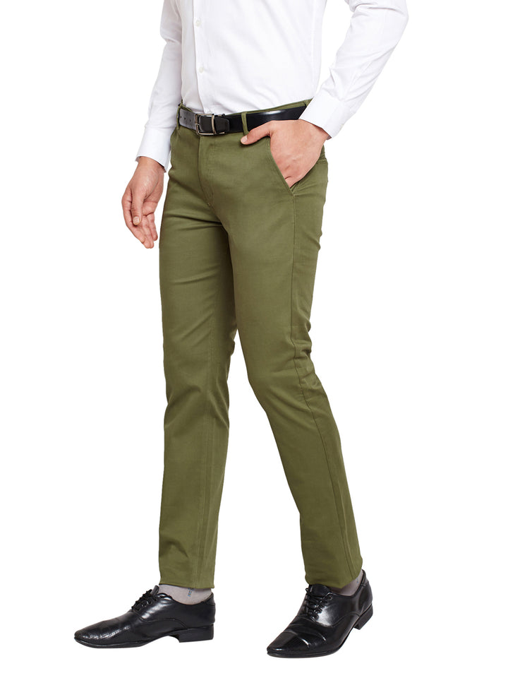 Men Olive Blue Self Design Solid Stretchable Mid Rise Slim Fit Chinos Trouser