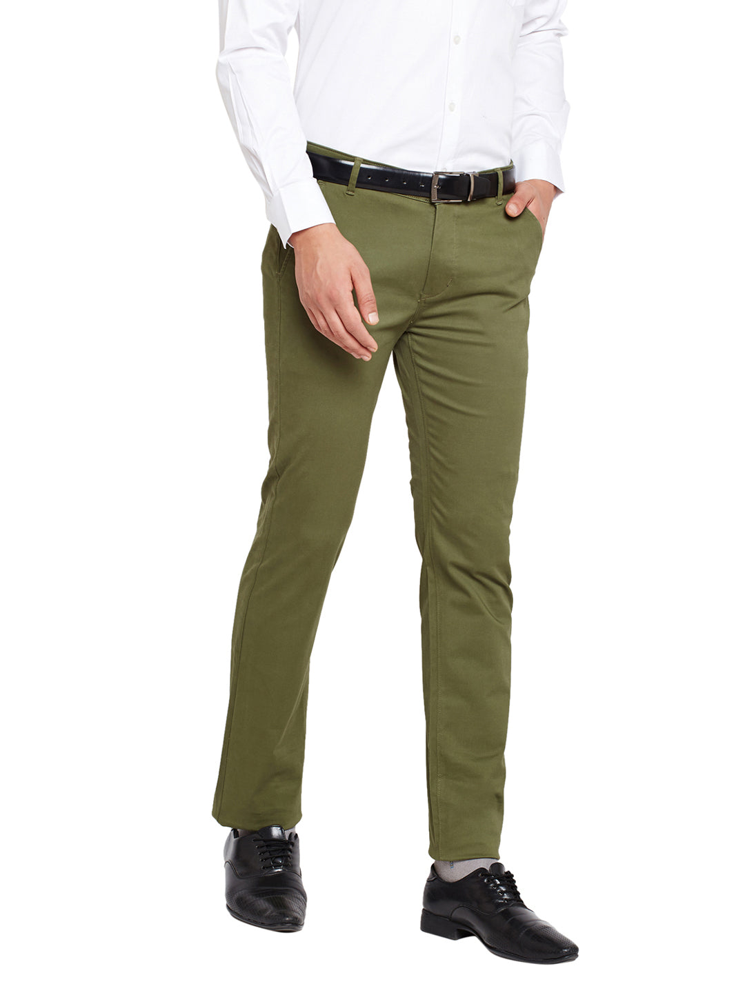 Men Olive Blue Self Design Solid Stretchable Mid Rise Slim Fit Chinos Trouser