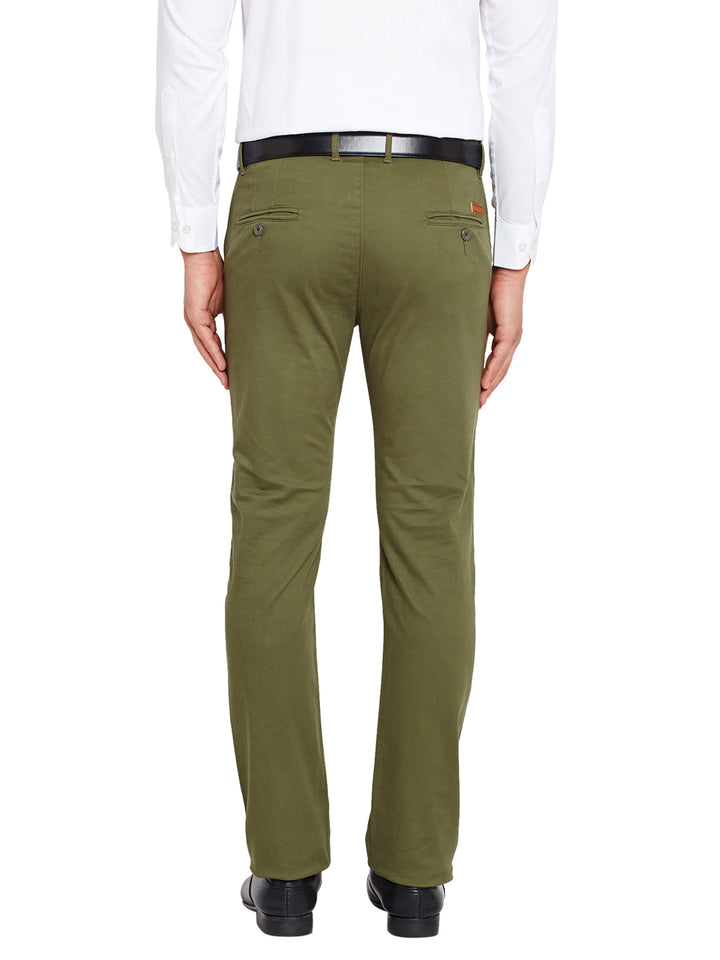 Men Olive Blue Self Design Solid Stretchable Mid Rise Slim Fit Chinos Trouser