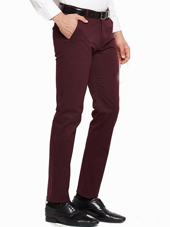 Men Wine Self Design Solid Stretchable Mid Rise Slim Fit Chinos Trouser