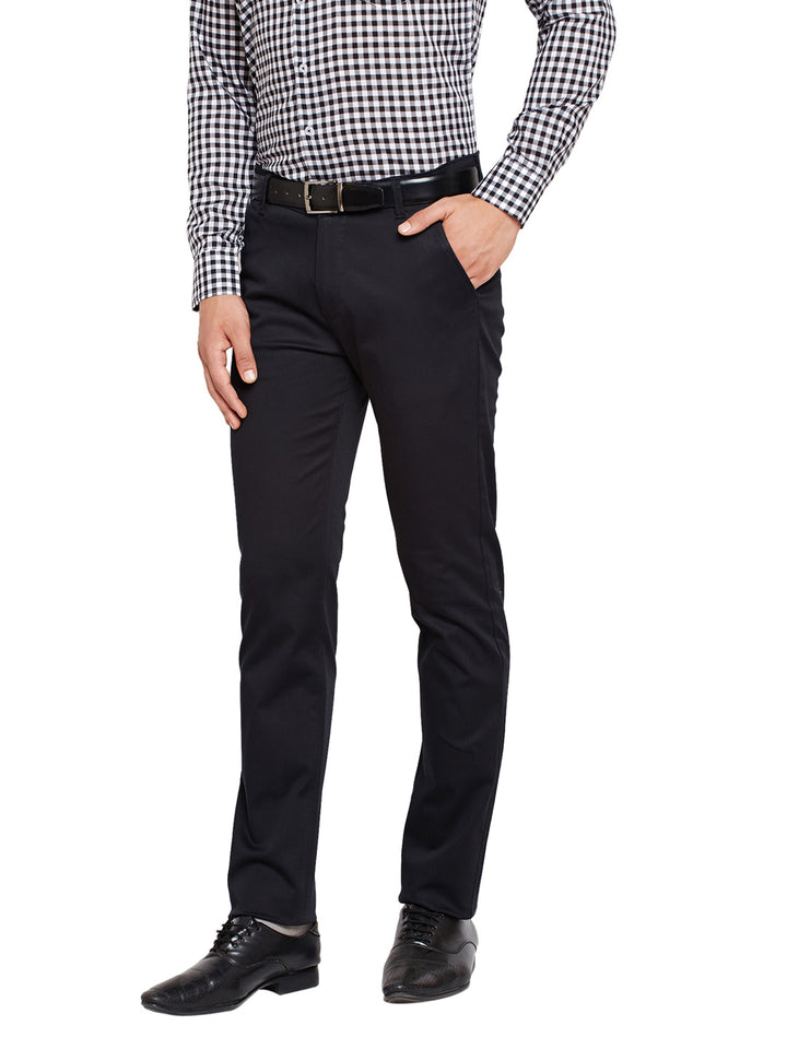 Men Black Self Design Solid Stretchable Mid Rise Slim Fit Chinos Trouser