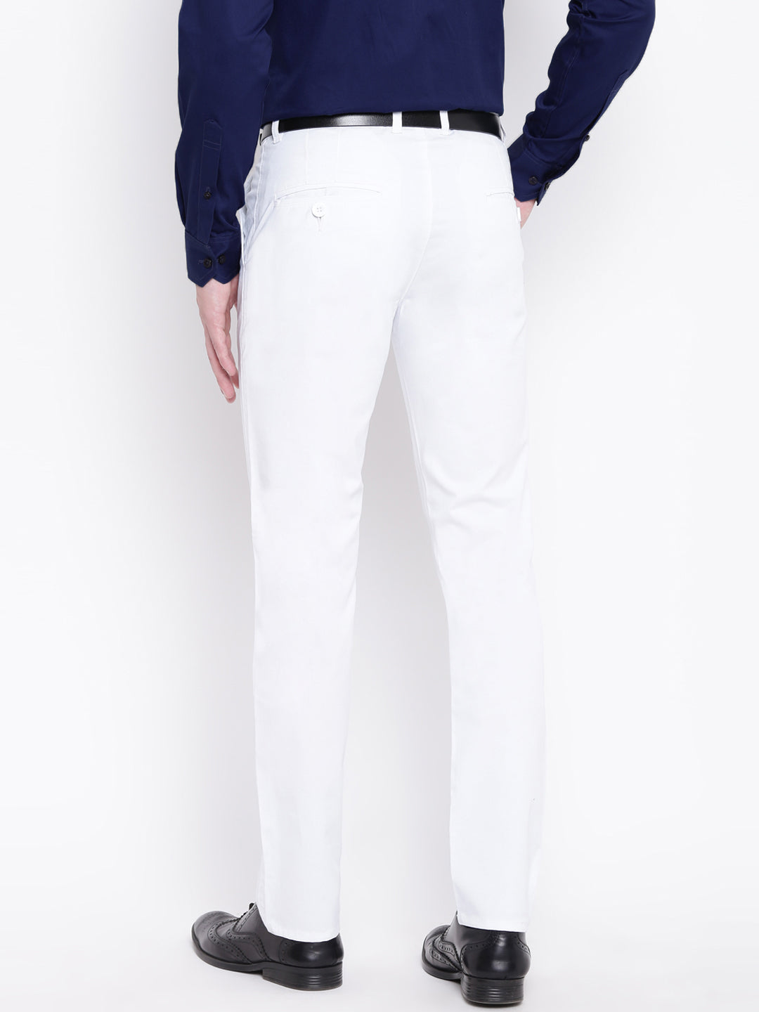 Men White Cotton Solid Slim Fit Casual Trouser