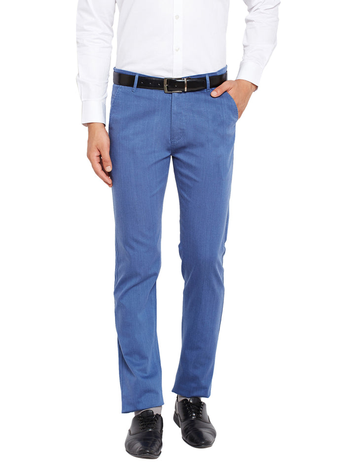 Men Blue Self Design Solid Stretchable Mid Rise Slim Fit Chinos Trouser